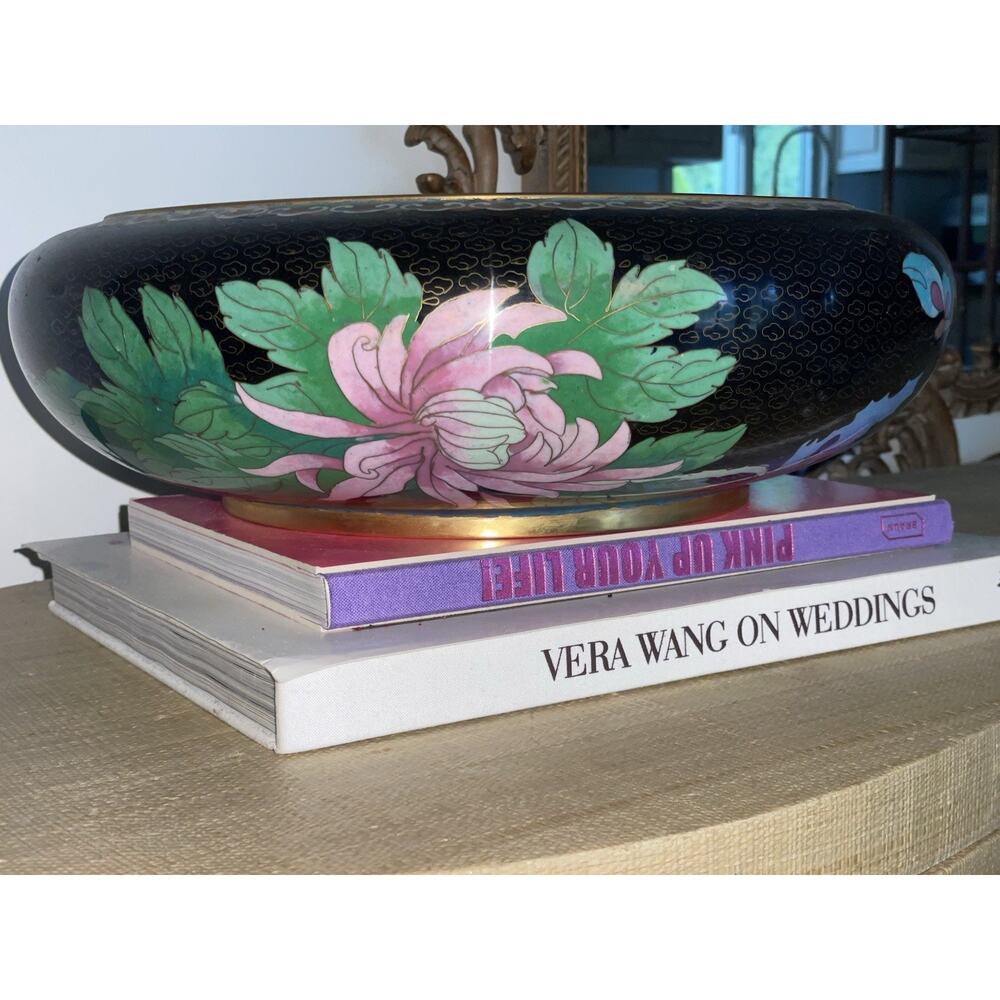 Vintage Chinese Cloisonné Enamel Bowl – Floral Motif on Black Ground – Brass Rim